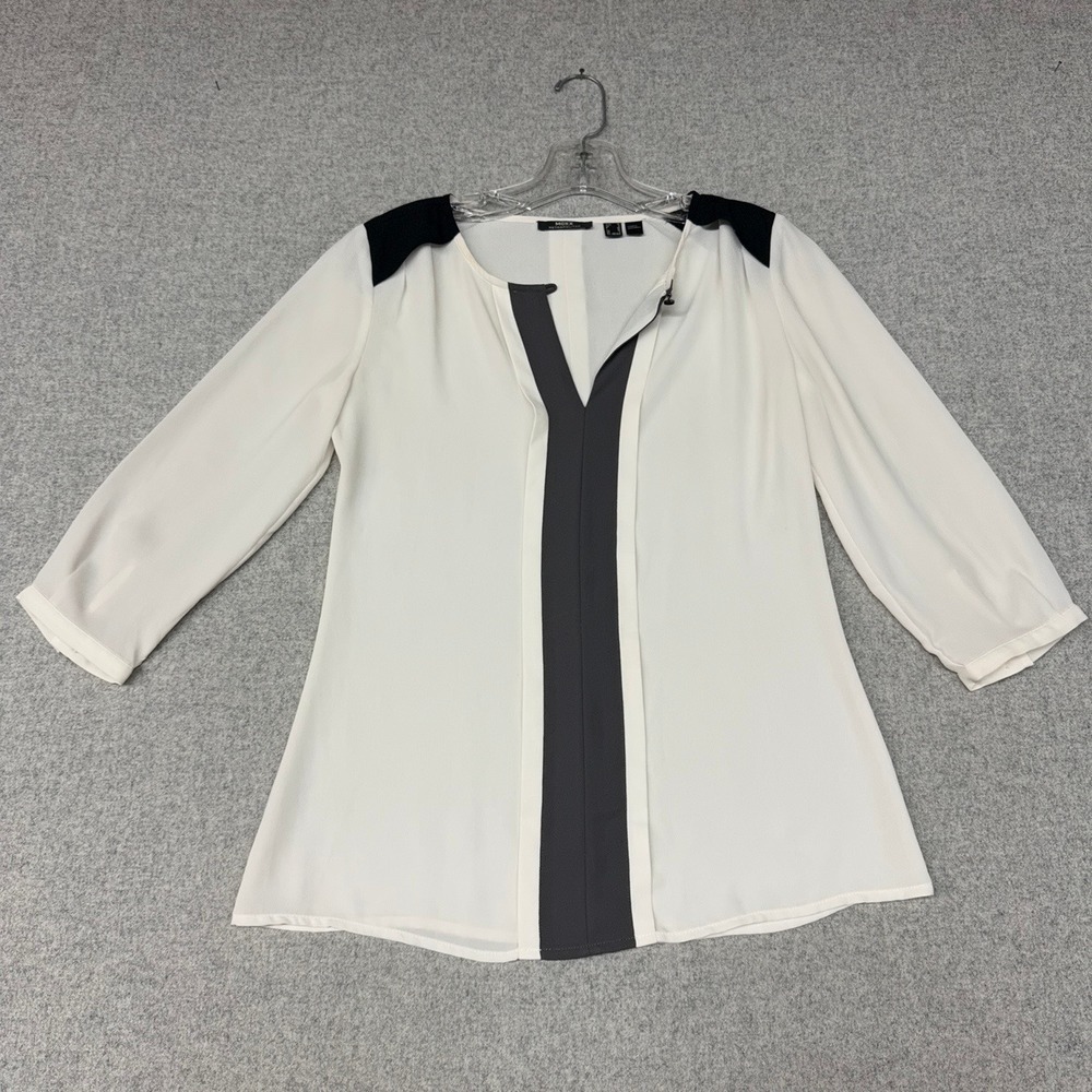 Mexx Metropolitan Blouse Size 2 Cream Black Colorblock V-Neck Long Sleeve Top